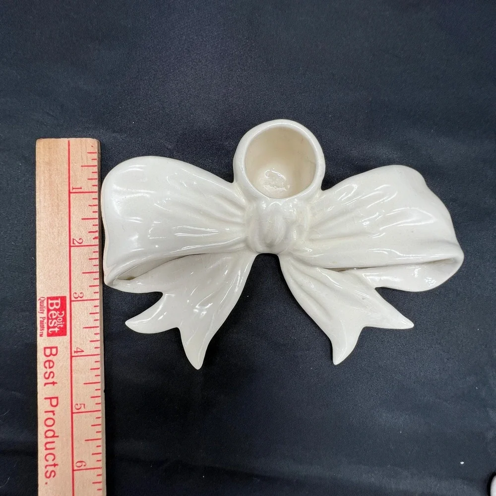 VTG Ceramic Bow Taper Candle Holders Set of 2 White Glazed Coquette Cottage Chic